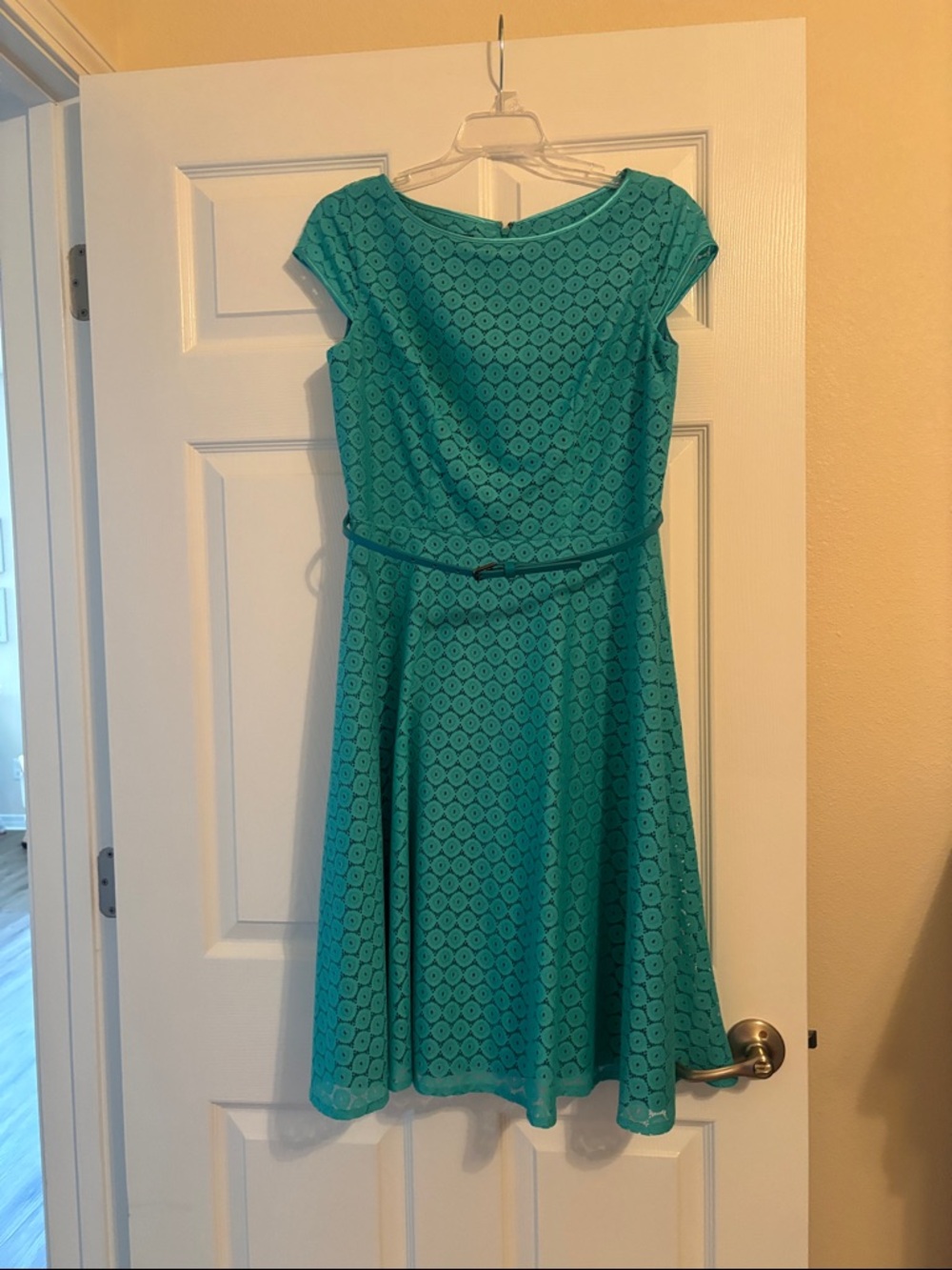 Women’s Teal Lace A-Line Midi Dress with Belt
